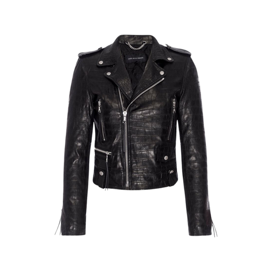 Rev up your style with our Stylish Biker Genuine Leather Jacket featuring a lapel collar with silver studs and crocodile skin engraving. Complete with a durable YKK zipper and three zipper pockets for storage. Shop now!