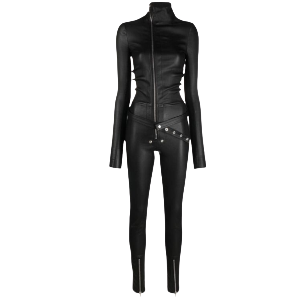 Elevate your style with our Chic genuine Leather Jumpsuit featuring a crew neck and YKK zipper closure on the front. This fitted genuine leather catsuit includes waist belt eyelet details for added flair. 