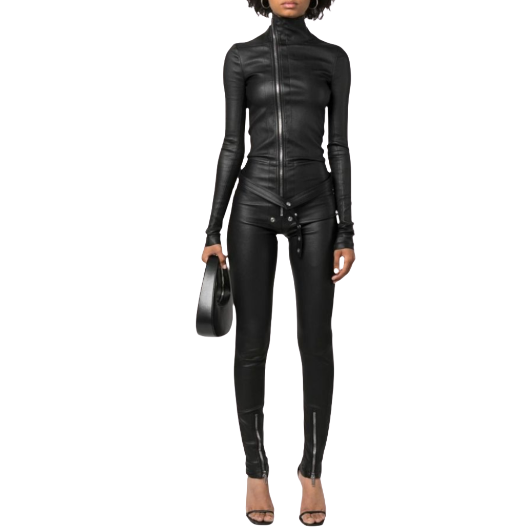 Elevate your style with our Chic genuine Leather Jumpsuit featuring a crew neck and YKK zipper closure on the front. This fitted genuine leather catsuit includes waist belt eyelet details for added flair. 