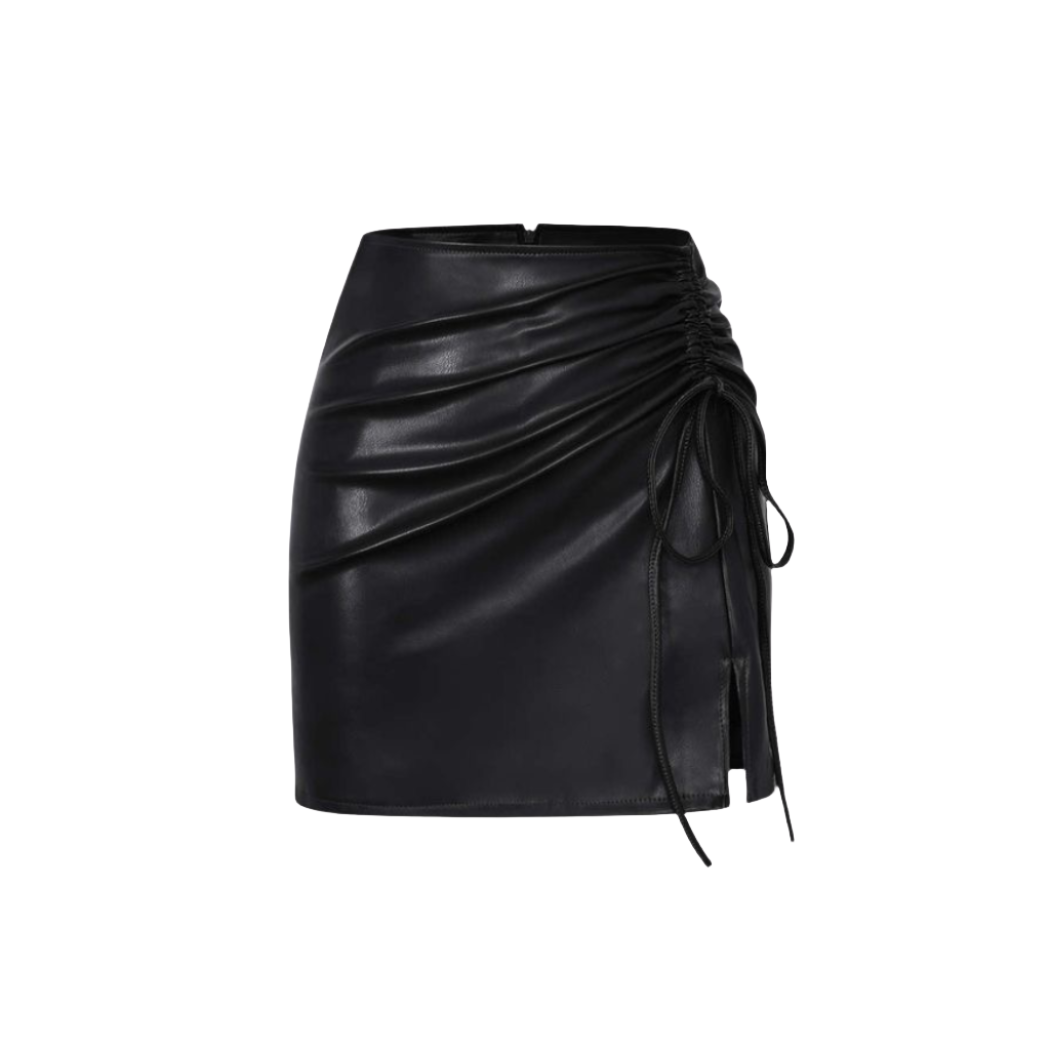  our Genuine Leather Black String Ruched Mini leather Skirt. Crafted from premium leather, its string ruched detailing offers an adjustable fit and adds a touch of elegance.