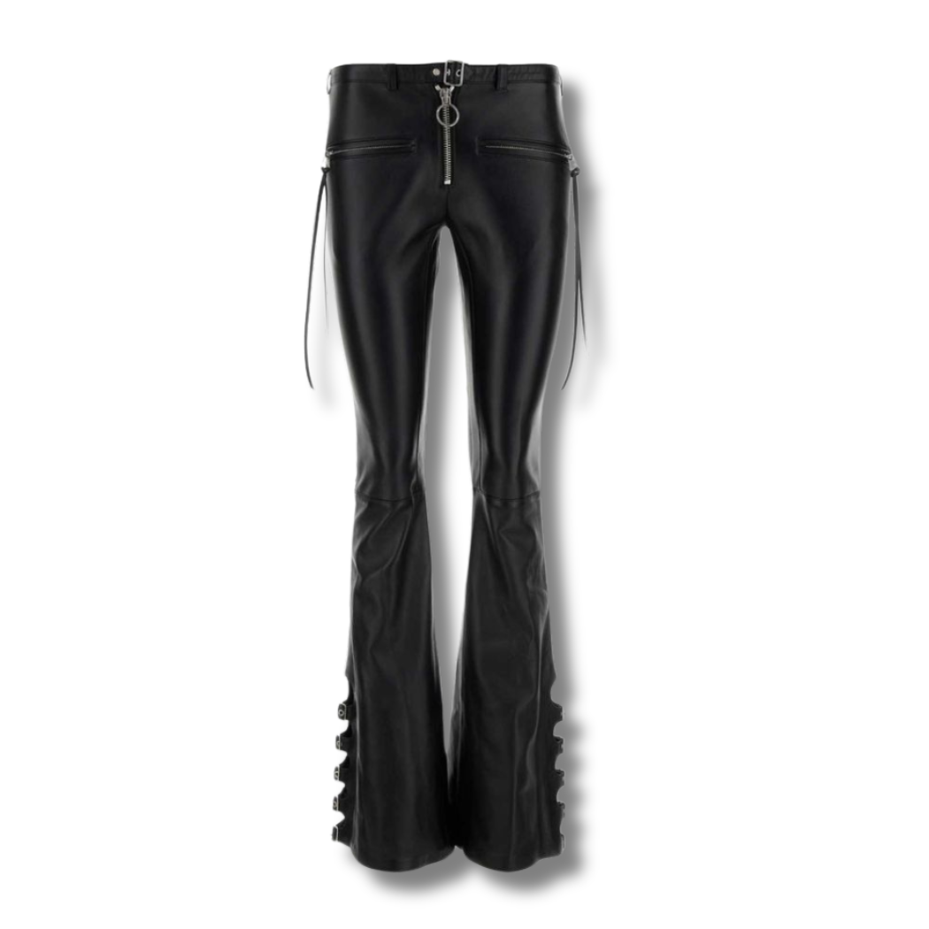 Our Genuine Leather Flare Pants featuring a trendy thin waistband, chic buckle, YKK zipper fly, and stylish side cutouts. These leather pants have front and back pockets for ample storage. Shop now