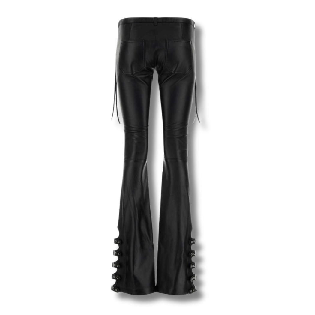 Our Genuine Leather Flare Pants featuring a trendy thin waistband, chic buckle, YKK zipper fly, and stylish side cutouts. These leather pants have front and back pockets for ample storage. Shop now