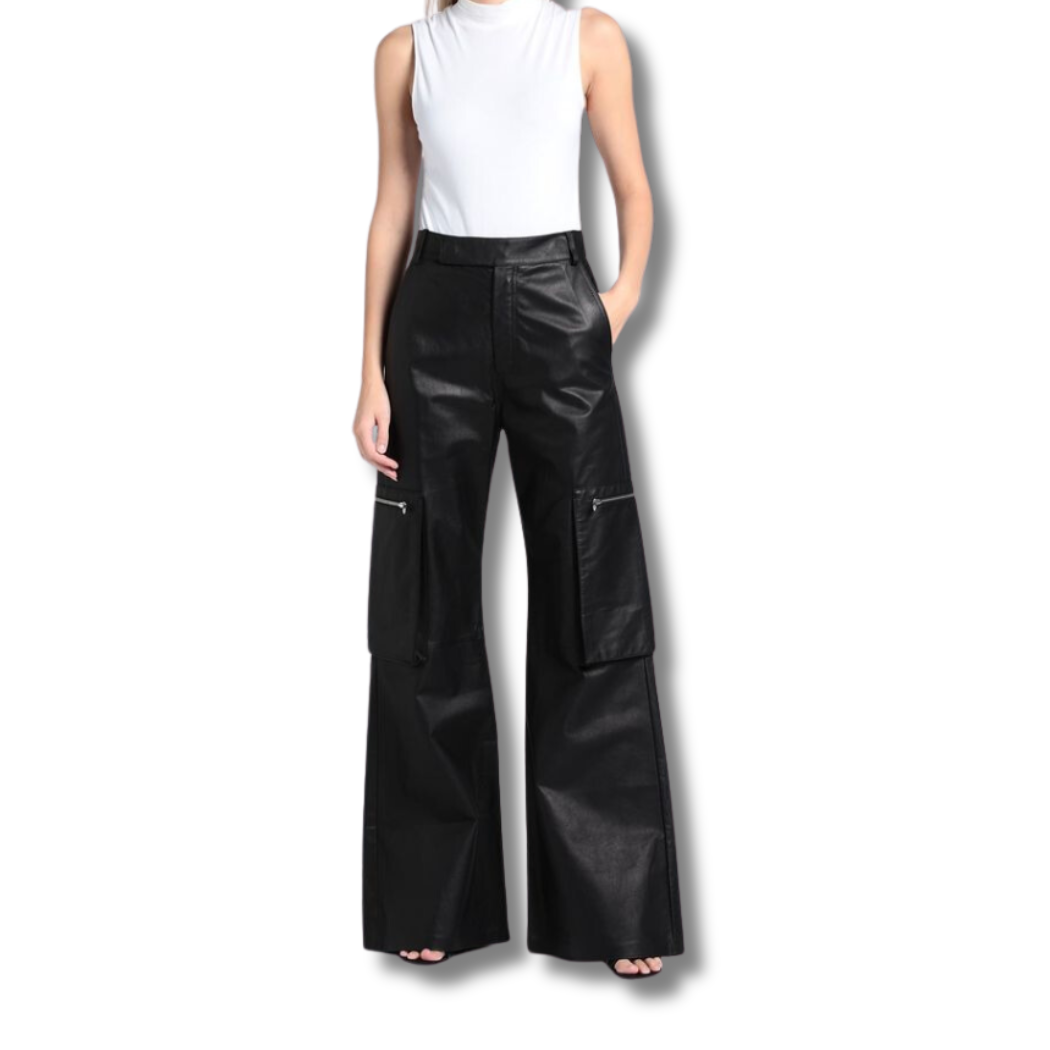 Stay organized and stylish with our Versatile Black Genuine Leather pants Wide Leg Cargo Pants. These leather pants Featuring 2 big cargo pockets with YKK zippers for ample storage space, and 2 front slash pockets. Shop now these leather pants and elevate your wardrobe with our black leather cargo pants.