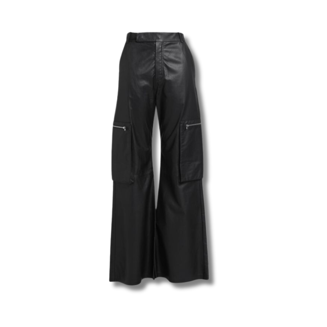 Stay organized and stylish with our Versatile Black Genuine Leather pants Wide Leg Cargo Pants. These leather pants Featuring 2 big cargo pockets with YKK zippers for ample storage space, and 2 front slash pockets. Shop now these leather pants and elevate your wardrobe with our black leather cargo pants.