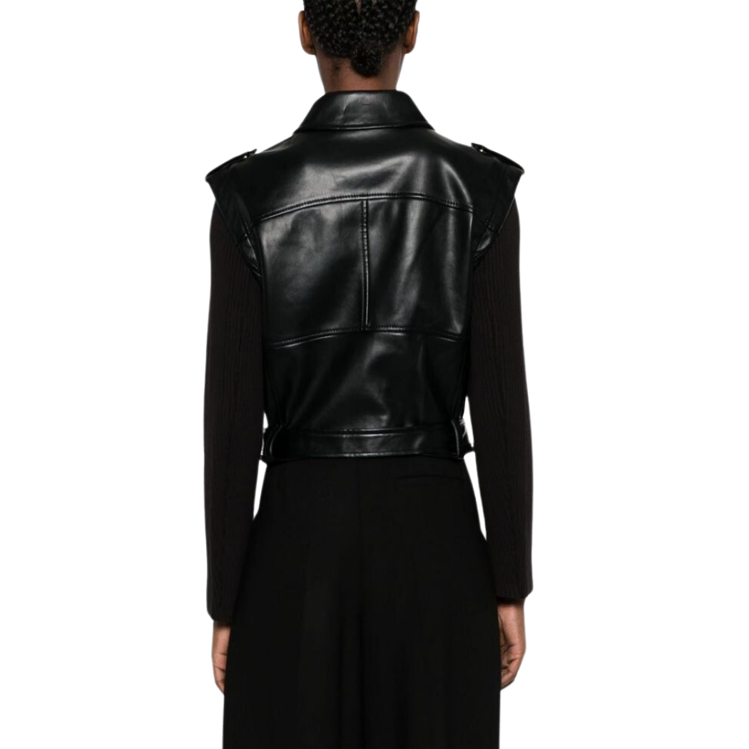 Elevate your style with our Luxurious Black Genuine Leather Jacket featuring gold accents. With a zipper lapel collar, two YKK zipper pockets, and an adjustable waist belt, this jacket exudes luxury. Shop now!