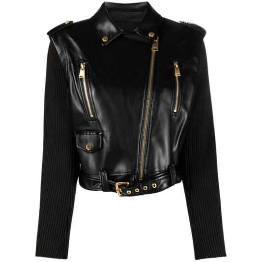 Elevate your style with our Luxurious Black Genuine Leather Jacket featuring gold accents. With a zipper lapel collar, two YKK zipper pockets, and an adjustable waist belt, this jacket exudes luxury. Shop now!