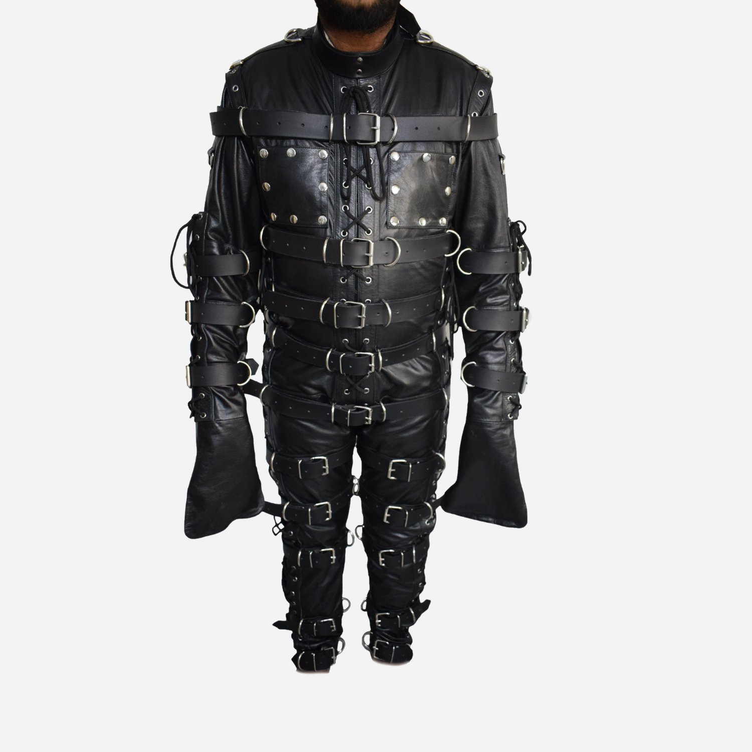 Men's genuine leather jumpsuit with adjustable straps, removable hood, and durable YKK zippers.
