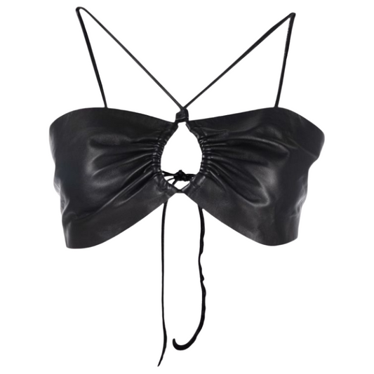 our Genuine Leather Butterfly Crop Top featuring a ruched middle design, criss-cross front straps, and an exclusive backless style. Elevate your look with this unique and chic leather crop top.