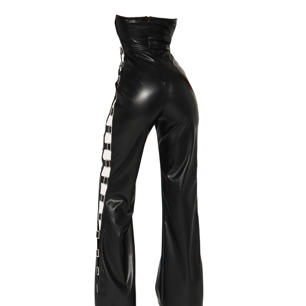 Black Leather Jumpsuit women cutout