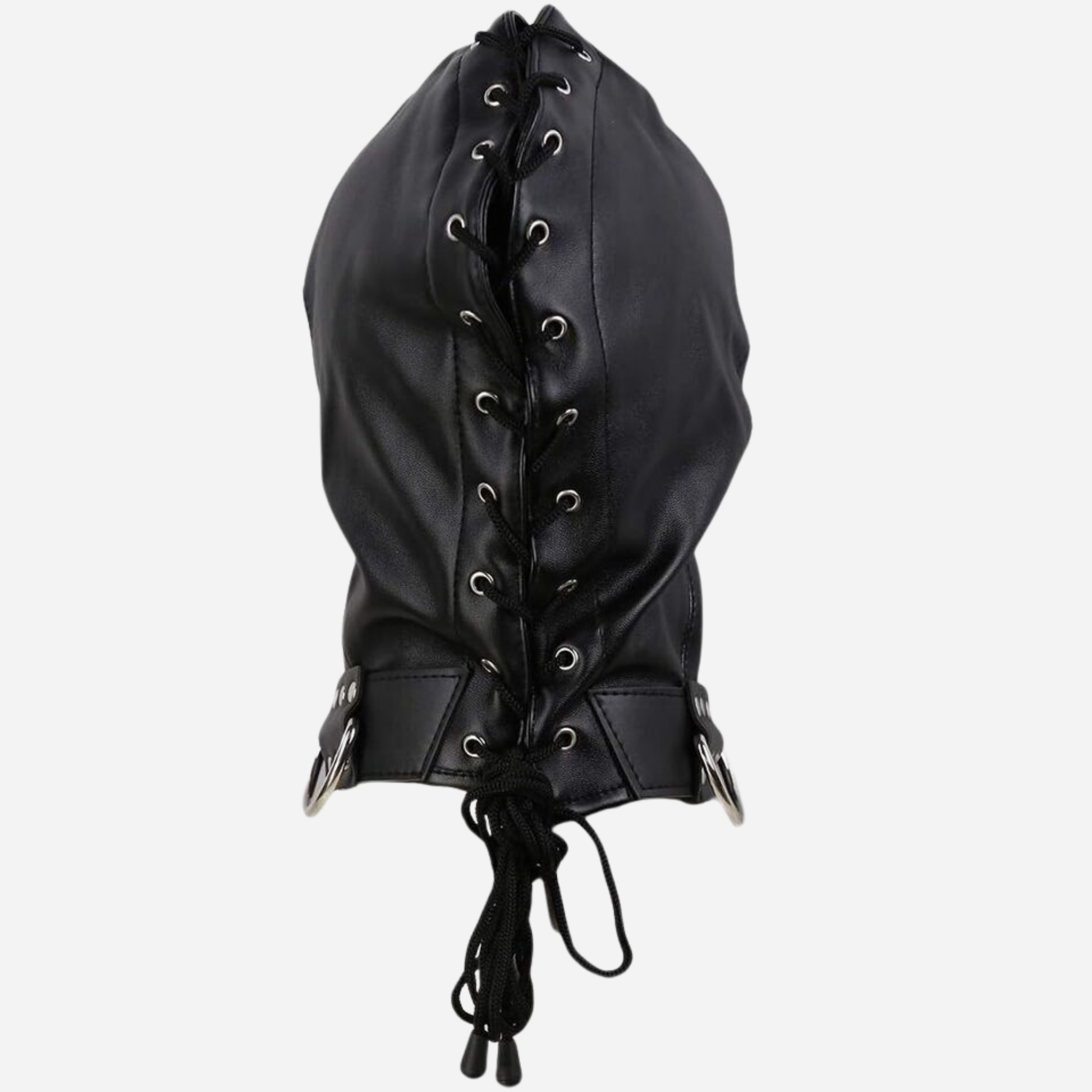 Real leather hood with open eyes & mouth design, adjustable fit, and D-ring details.