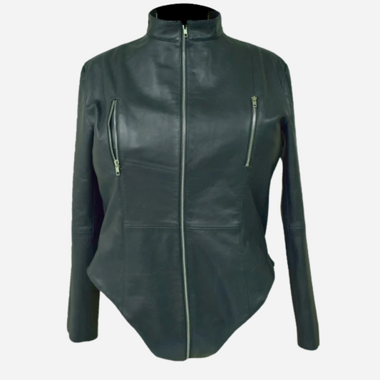 Real Leather Black Bodysuit with Zipper Details & Lace-Up Back
