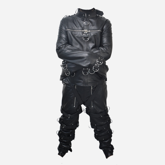 Premium real leather straight jacket & pants for men,with adjustable D-rings, side lacing, and triple back straps.
