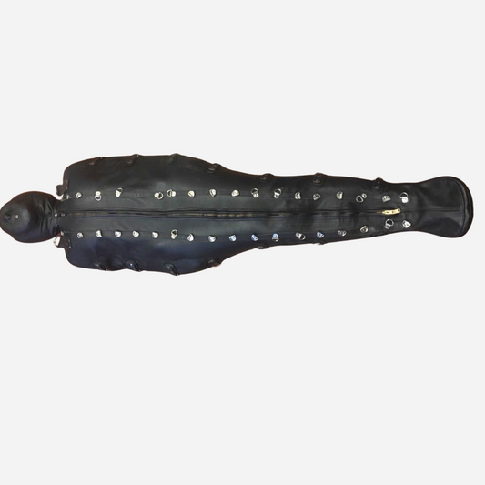 Our leather bondage sleepsack, featuring padded hood, D-rings, zippers.