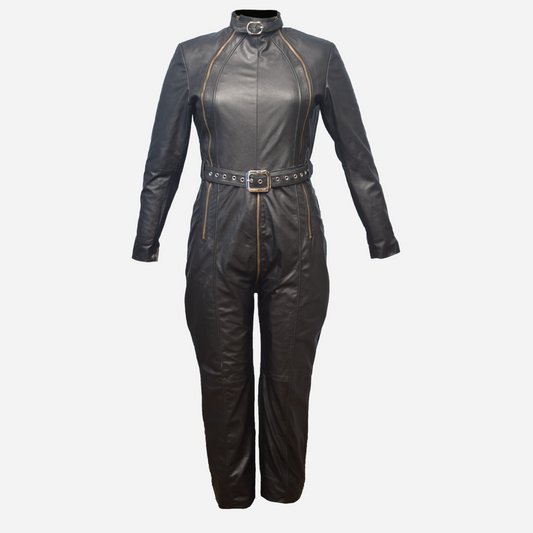 Our Genuine Leather Catsuit with two ways zipper fastening front and adjustable waist belt.