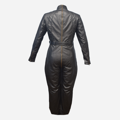 Our Genuine Leather Catsuit with two ways zipper fastening front and adjustable waist belt.