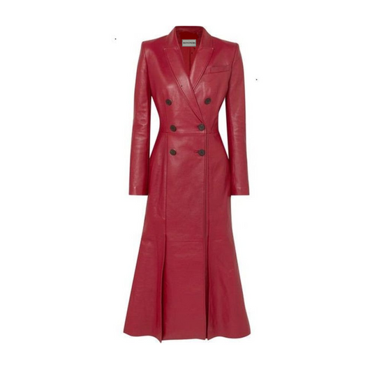 Embrace elegance with this stunning tea-length red coat from our premium collection. With its classic silhouette, button closure, and adjustable belt, it's a perfect addition to any wardrobe. Visit our site to shop more from this exclusive collection