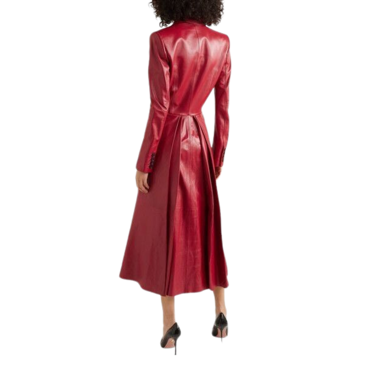 Embrace elegance with this stunning tea-length red coat from our premium collection. With its classic silhouette, button closure, and adjustable belt, it's a perfect addition to any wardrobe. Visit our site to shop more from this exclusive collection