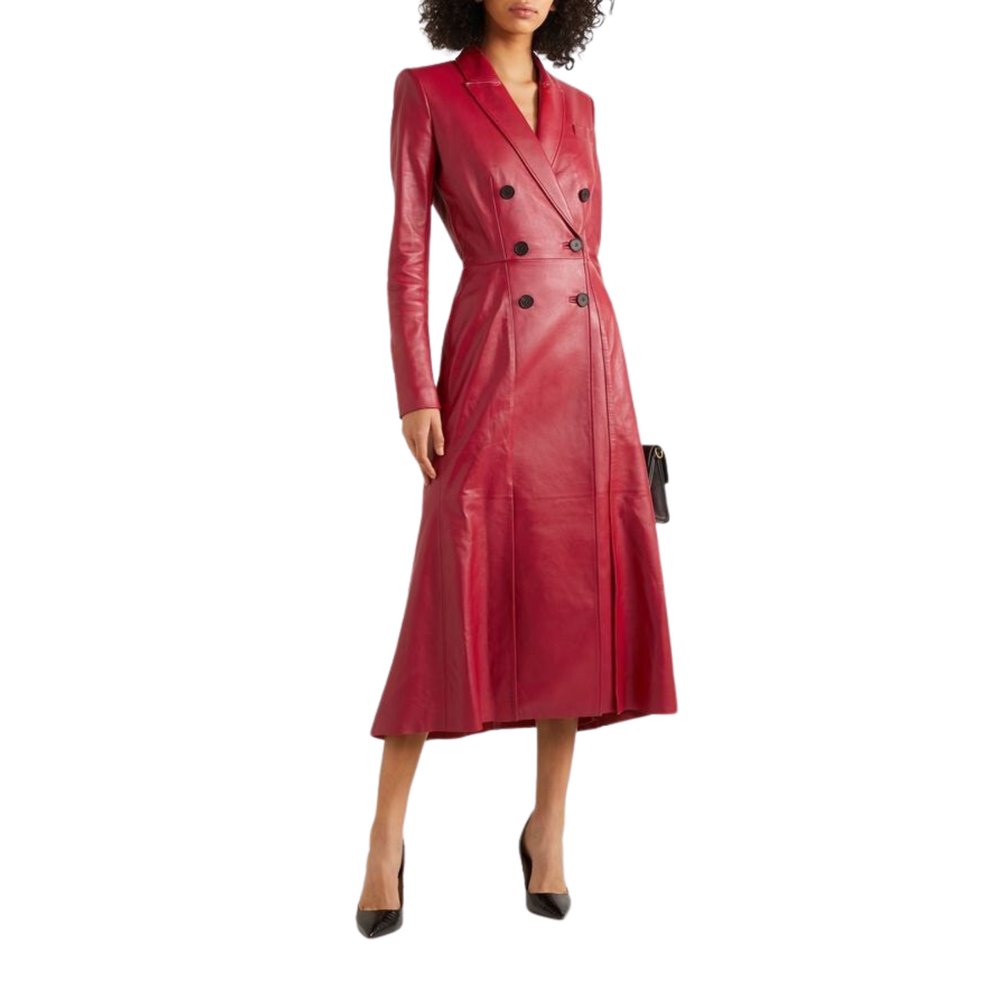 Embrace elegance with this stunning tea-length red coat from our premium collection. With its classic silhouette, button closure, and adjustable belt, it's a perfect addition to any wardrobe. Visit our site to shop more from this exclusive collection