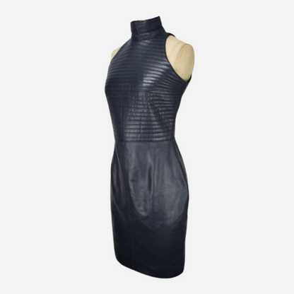 Solid Real leather Bodycon Women Sleeveless Mini Quilted Dress