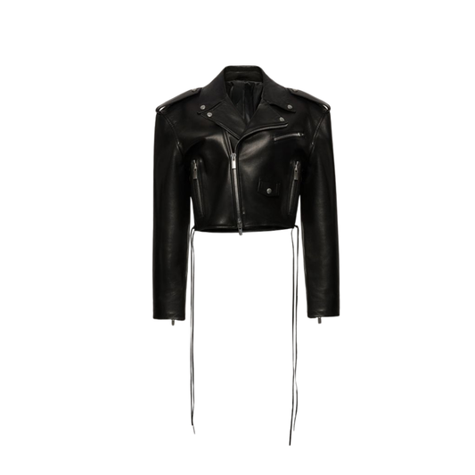 Indulge in sophistication with our chic Sophia Cropped Black Leather Jacket. Handcrafted with premium cutting and stitching, this jacket features a lapel collar, adjustable waist string, and YKK zipper closure for a secure fit. Fully lined with two side zipper pockets, it combines style and functionality seamlessly. 