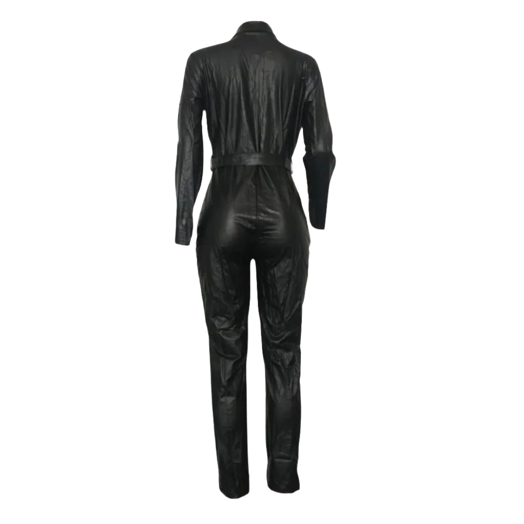 Step into sophistication with our Sleek Genuine Leather Jumpsuit, featuring a collar and YKK zipper closure in the center front. Complete with waist belt details and two slash pockets, this slim fit leather catsuit exudes timeless elegance.