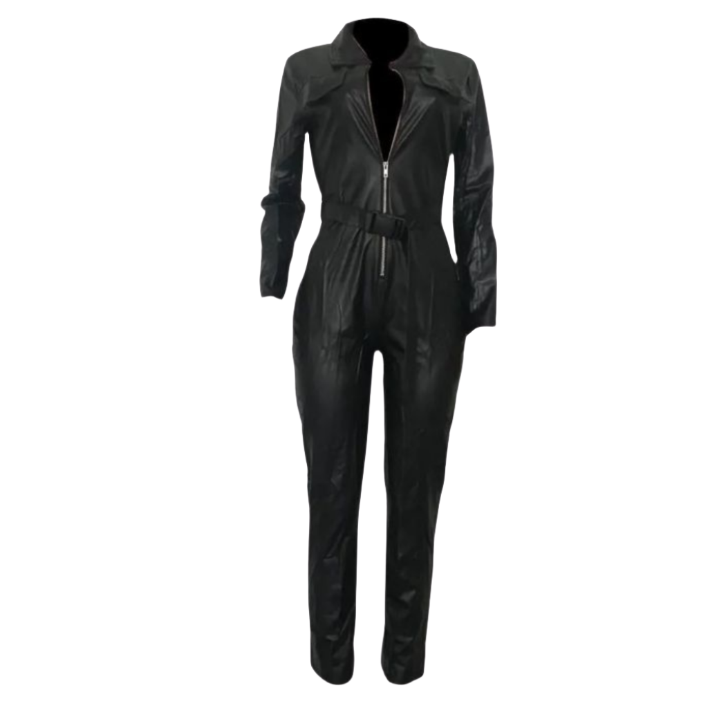 Step into sophistication with our Sleek Genuine Leather Jumpsuit, featuring a collar and YKK zipper closure in the center front. Complete with waist belt details and two slash pockets, this slim fit leather catsuit exudes timeless elegance.