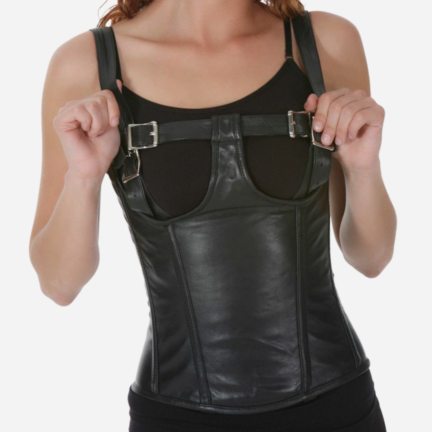 Women Overbust Leather Corset with an open bust design and lace-up details. 