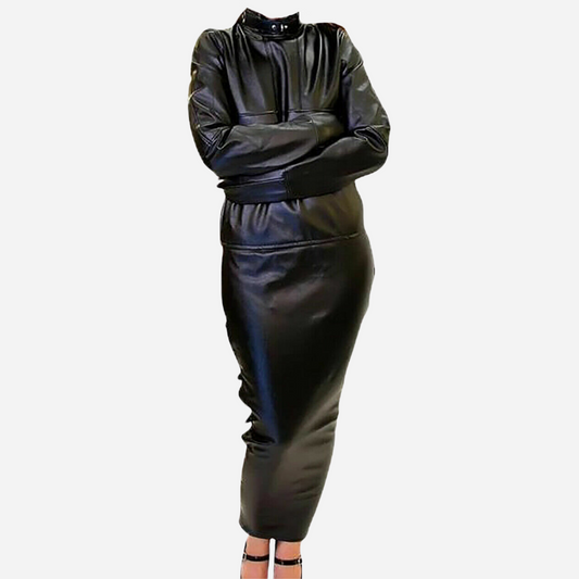 Real leather Fetish dress with arm binder and lace up back.