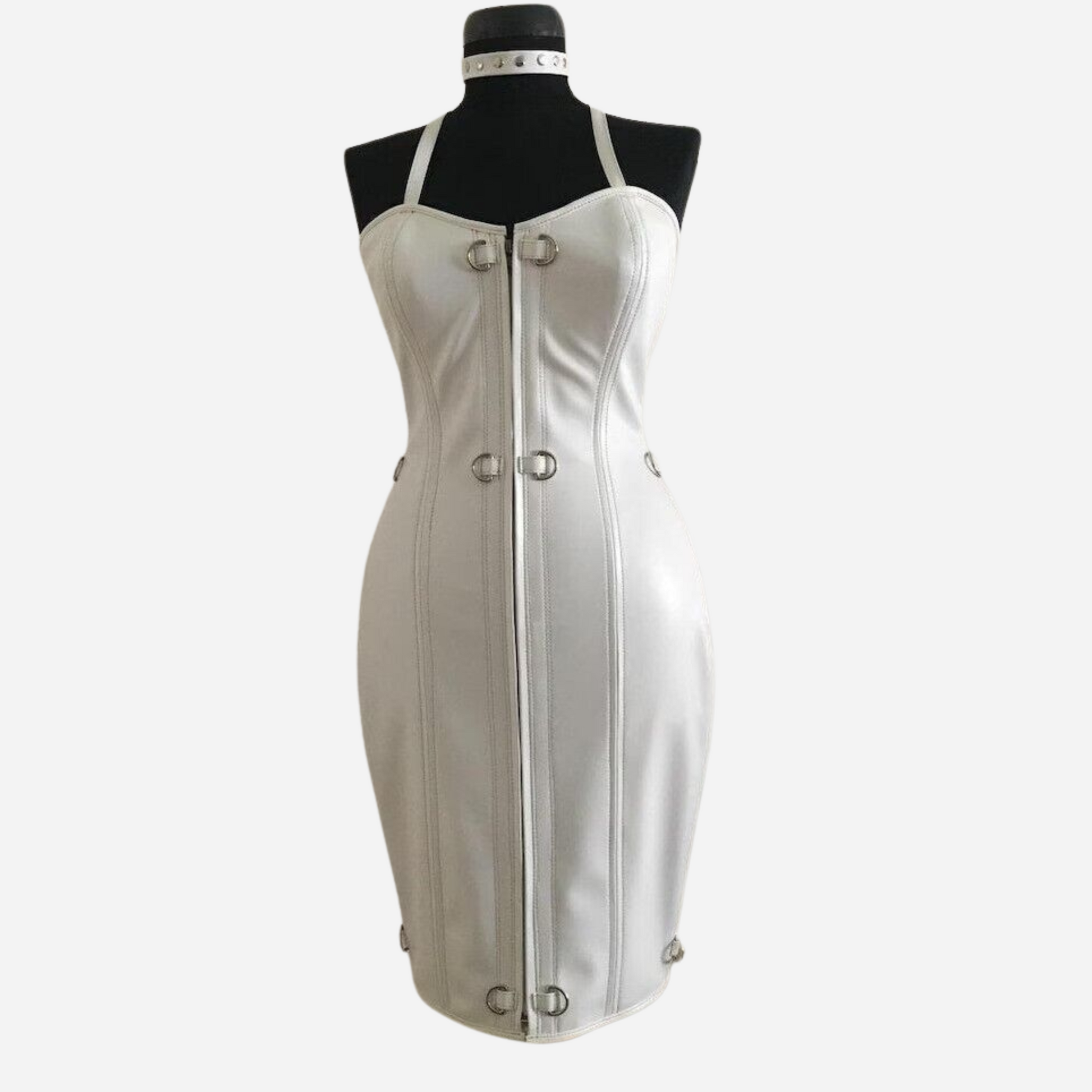Women's Genuine white Leather Corset Dress Lace up Bodycon Dress with