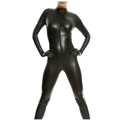 Make a statement in our Sleek Genuine Leather Catsuit featuring a fitted silhouette and center front zipper. this body-con catsuit is crafted from premium leather, this leather catsuit exudes sophistication. Shop now and elevate your style with our Acantha leather catsuit.