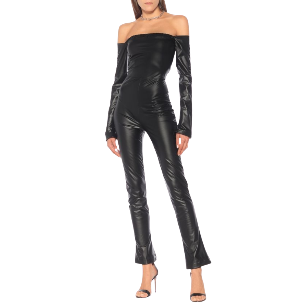 Step into sophistication with our Black Leather Off-Shoulder Jumpsuit. Crafted from genuine leather, this handmade piece features attached flare pants and a fitted top with premium stitching. Shop now for timeless elegance!