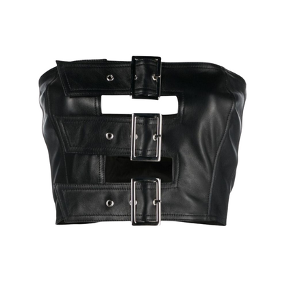 Make a statement with our Forward and Chic Genuine Leather Bustier Crop Top featuring three adjustable silver belt buckles on the center front. Elevate your style with this trendy and edgy piece. Shop now