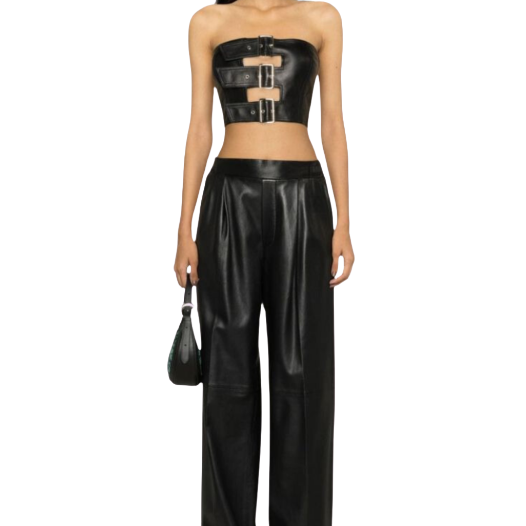 Make a statement with our Forward and Chic Genuine Leather Bustier Crop Top featuring three adjustable silver belt buckles on the center front. Elevate your style with this trendy and edgy piece. Shop now