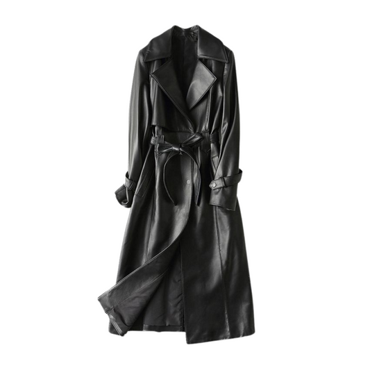 Lilibet's genuine black leather trench coat with a lapel collar, shoulder straps, and detachable waist belt. Fully lined for comfort, this leather trench coat offers sleek style and versatility. Shop now for premium quality!