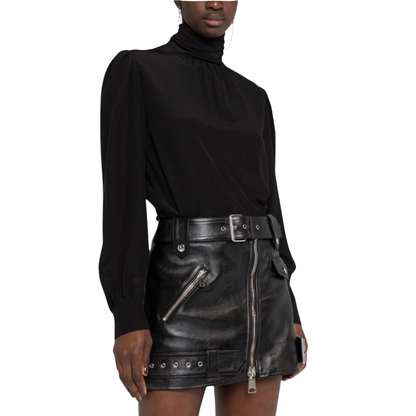 Our Chic Genuine Micro Mini leather Skirt featuring a waist belt with silver accent buckle and asymmetrical zip is made out of real leather. Complete with a small zipper pocket for storage and a belt design on the bottom.