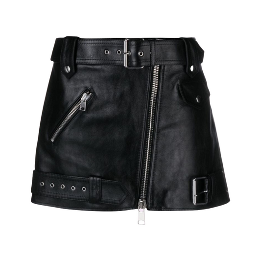 Our Chic Genuine Micro Mini leather Skirt featuring a waist belt with silver accent buckle and asymmetrical zip is made out of real leather. Complete with a small zipper pocket for storage and a belt design on the bottom.