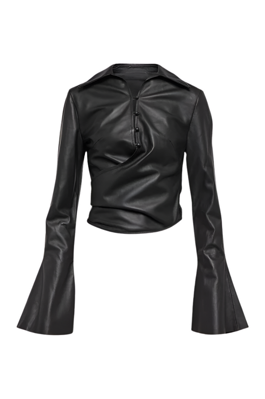 clara black leather shirt with flare sleeves