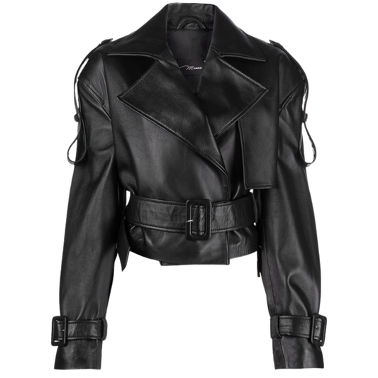 Revamp your style with our premium genuine leather jacket. This chic piece boasts a lapel collar, waist belt, and intricate shoulder & wrist belt details for a sophisticated look. Perfect for elevating any outfit, this jacket exudes timeless elegance and durability, making it a must-have addition to your wardrobe.