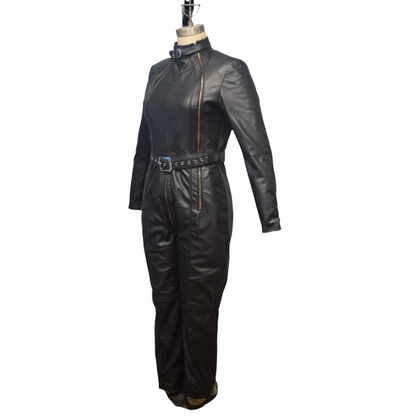 Make a statement in our Black Genuine Leather Jumpsuit featuring side and center bottom zippers with gold accents. This leather jumpsuit is Designed with a belt crew neck and adjustable waist belt for an hourglass figure. Shop now our black leather jumpsuit for easy access with the center back zipper!