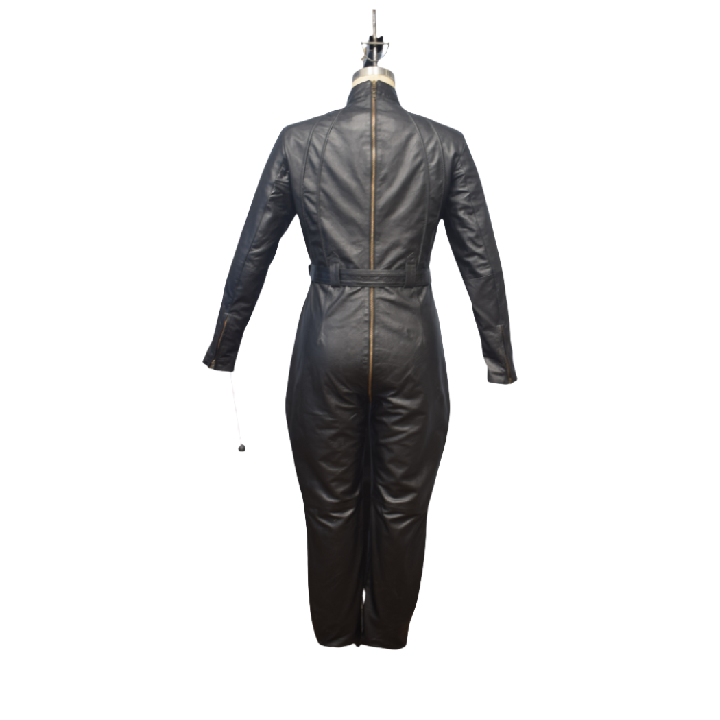 Make a statement in our Black Genuine Leather Jumpsuit featuring side and center bottom zippers with gold accents. This leather jumpsuit is Designed with a belt crew neck and adjustable waist belt for an hourglass figure. Shop now our black leather jumpsuit for easy access with the center back zipper!