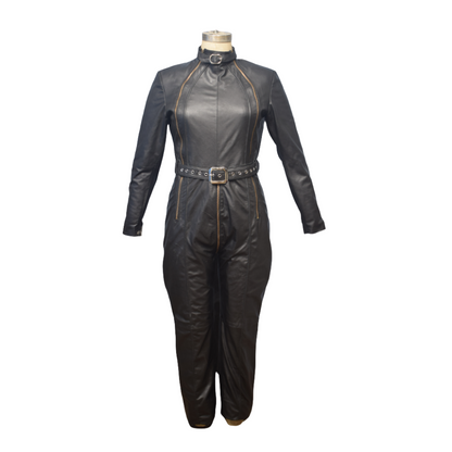 Make a statement in our Black Genuine Leather Jumpsuit featuring side and center bottom zippers with gold accents. This leather jumpsuit is Designed with a belt crew neck and adjustable waist belt for an hourglass figure. Shop now our black leather jumpsuit for easy access with the center back zipper!