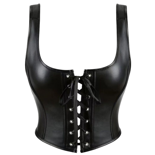 our Lace Tie-Up Bustier Cropped leather Corset Top, featuring exquisite lace detailing and supportive princess seams. This leather corset top Cinches your waist while enjoying maximum comfort and style