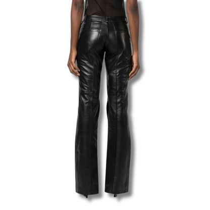 These genuine leather pants feature flare silhouette adds a trendy and flattering look, while the hem cutout detail adds touch of edge and sophistication. These real leather pants have two front pockets and two back pockets, these black leather pants offer convenient storage. 