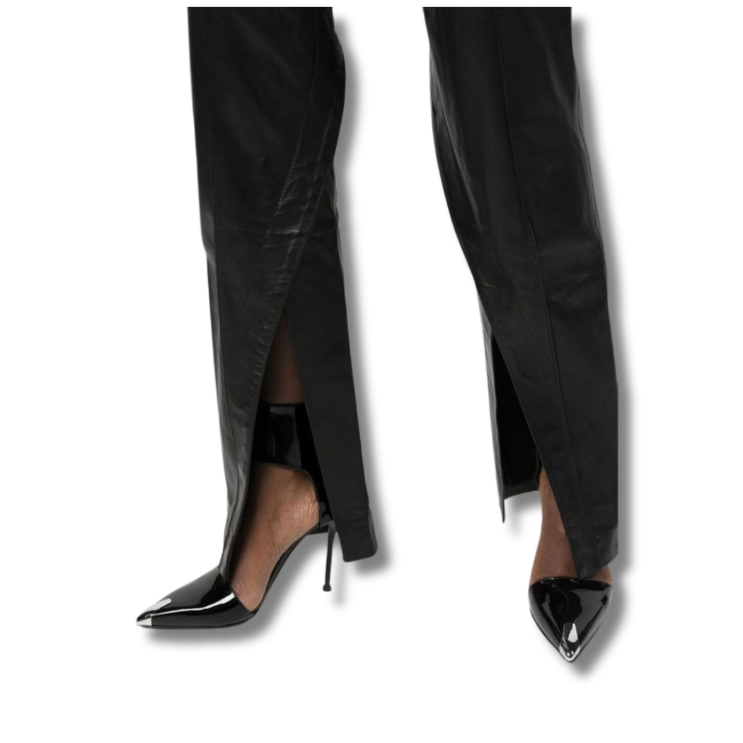 These genuine leather pants feature flare silhouette adds a trendy and flattering look, while the hem cutout detail adds touch of edge and sophistication. These real leather pants have two front pockets and two back pockets, these black leather pants offer convenient storage. 