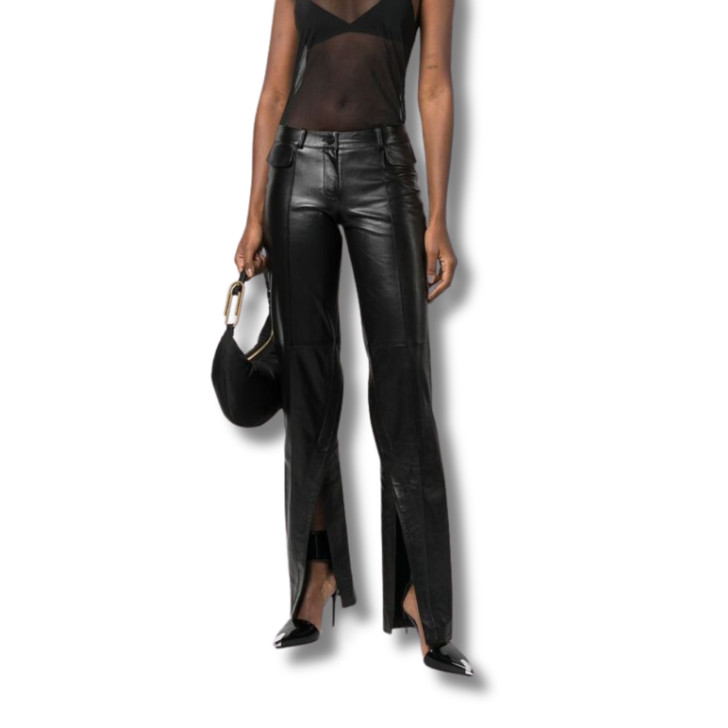 These genuine leather pants feature flare silhouette adds a trendy and flattering look, while the hem cutout detail adds touch of edge and sophistication. These real leather pants have two front pockets and two back pockets, these black leather pants offer convenient storage. 