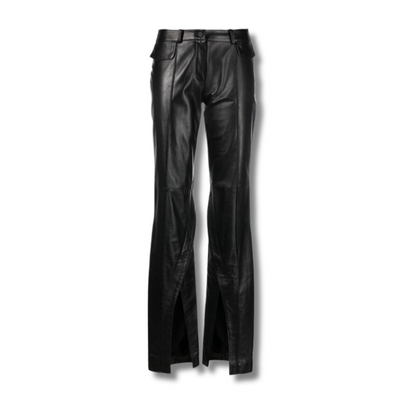 These genuine leather pants feature flare silhouette adds a trendy and flattering look, while the hem cutout detail adds touch of edge and sophistication. These real leather pants have two front pockets and two back pockets, these black leather pants offer convenient storage. 