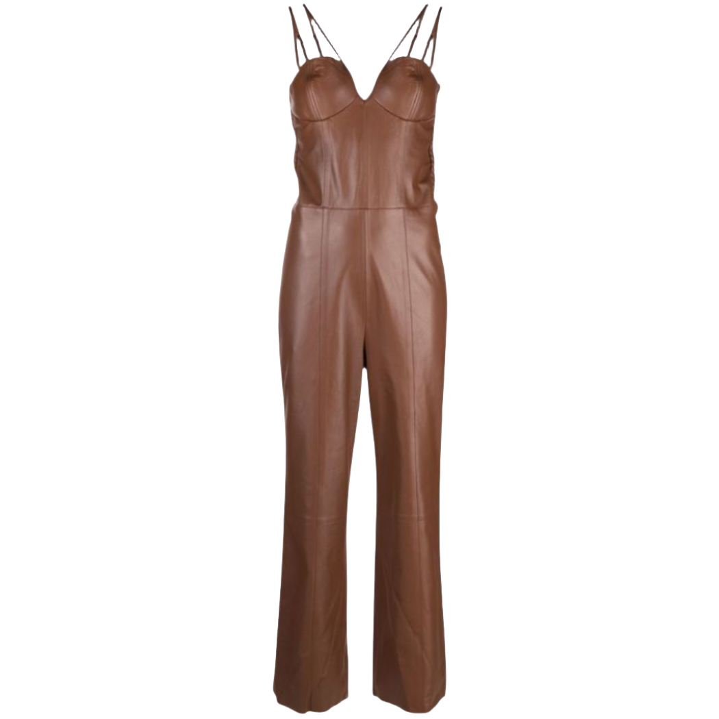 our Matilda Brown Leather Jumpsuit, featuring dual spaghetti straps, flare bottoms, and a slim-fit top with a deep V-neck. Crafted from smooth leather for a sleek and comfortable feel, this jumpsuit has a ruched back for better fitting and is handmade with premium stitching and cutting for superior quality