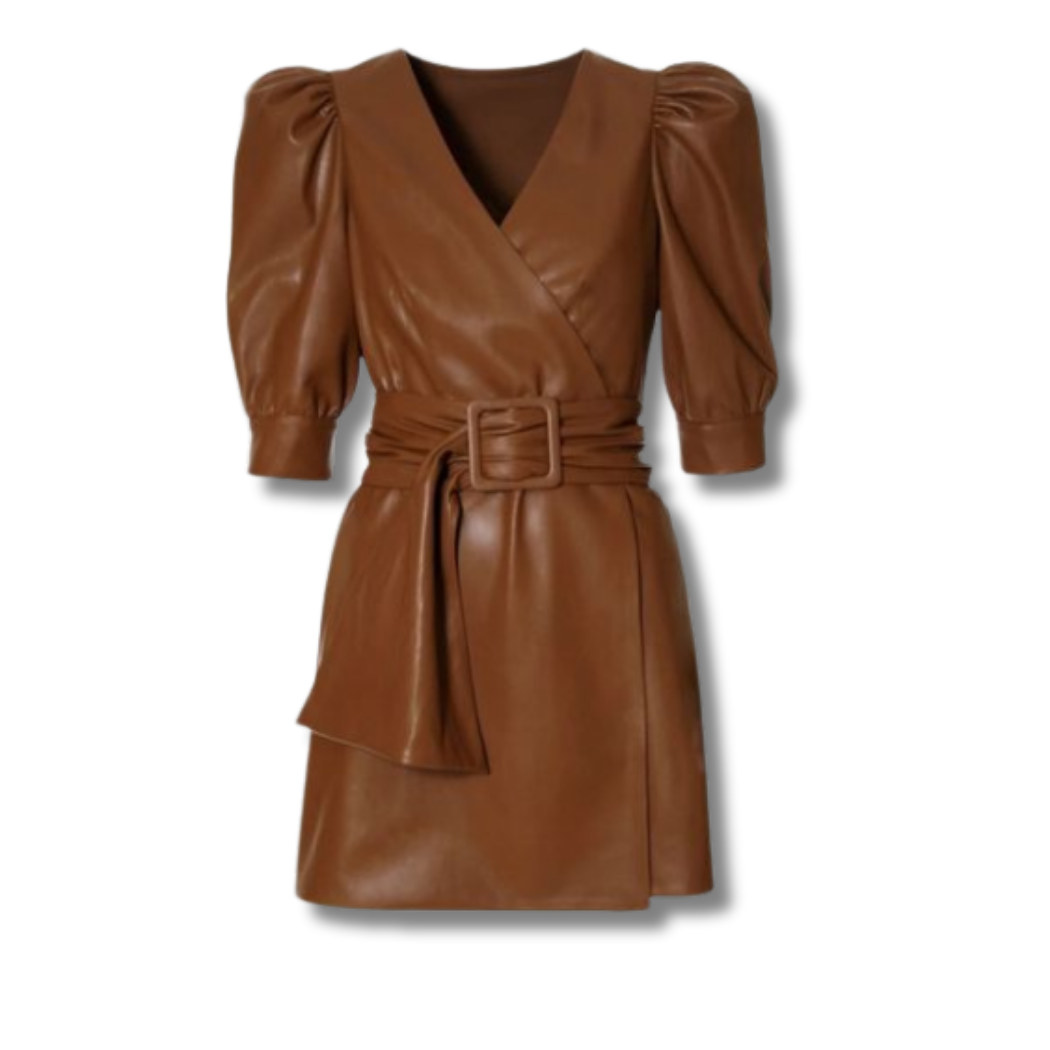 Brown Leather Dress with Puff Sleeves & Waist Belt – Lilibet Clothing